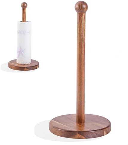 14" Acacia Wooden Paper Towel Holder, 6.7" Large Heavy Base Wooden Kitchen by MediterraneanFoodExperience