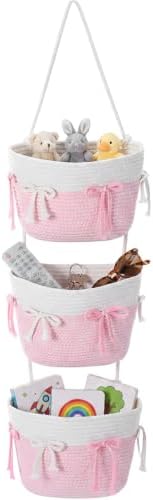 Sawysine Pink Bow Hanging Basket Woven 3 Tier Wall Mounted Storage Basket by Sawysine