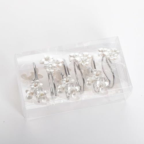 White Flower Shower Curtain Hooks Set of 12 White Decorative Rings - Image 6