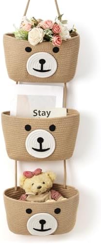 Cute Bear Hanging Baskets, 3-Tier Woven Cotton Wall Mounted Storage Organizer by Yiyiring