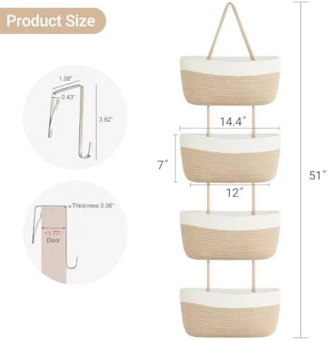 Over The Door Hanging Basket Storage 4-Tier Woven Wall Basket, Jute & White - Image 2