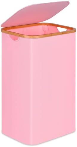 100L Laundry Hamper with Lid, Lagre Basket with Bamboo Handles, Foldable by Merkisa