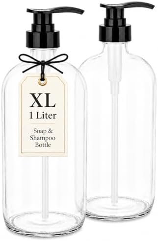 32-Ounce Pump Bottles, Large Clear Glass Boston Round Bottles w/Black Pumps. by KITCHENTOOLZ