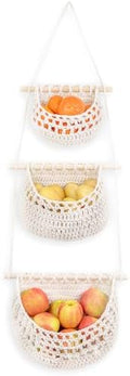 Cotton Hanging Fruit Basket, 3 Tier Woven Wall Basket, Hanging storage baskets by JmzEHome