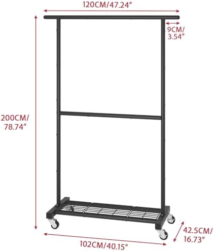 Sywhitta Double Rod Metal Clothing Rack on Wheels - Image 3