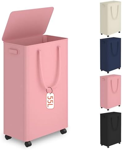 Slim Laundry Hamper with Wheels, 15 Gal Rolling Laundry Basket with lid and by Vincona