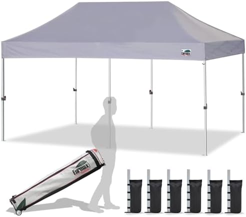 Eurmax USA Standard 10'x20' Patio Pop Up Canopy Tent Commercial Instant Canopies with Heavy Duty Roller Bag,Bonus 6 Sand Weights Bags (Grey)