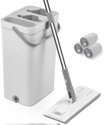 Flat Mop and Bucket with Wringer Set, Hands-Free, 3 Mop Pads by CooFel