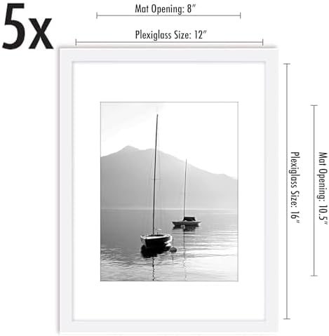 Americanflat 12x16 Picture Frame with Polished Plexiglass - Set of 5 - Use as 8.5x11 Frame with Mat or Display 12x16 Photo Without Mat - Galleria Collection - Picture Frames for Wall Display - White