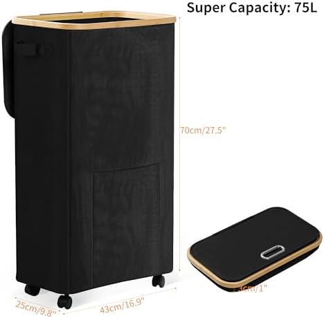 Laundry Basket with Wheels, Dirty Clothes Hamper on Wheels, Rolling Tall - Image 2