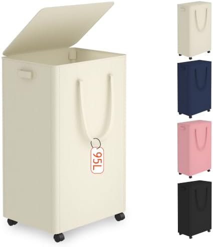 Slim Laundry Hamper with Wheels, 25 Gal Rolling Laundry Basket with lid and by Vincona