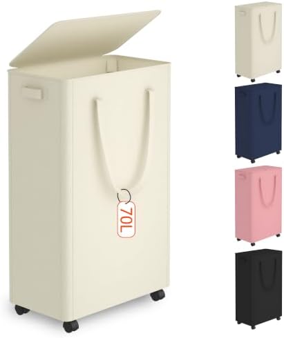 Slim Laundry Hamper with Wheels, 18 Gal Rolling Laundry Basket with lid and by Vincona