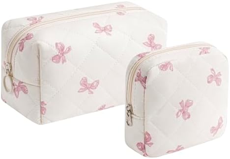 RSRSLEII 2 Pcs Quilted Cotton Makeup Bag Set, 19 Pink Bow Set by RSRSLEII