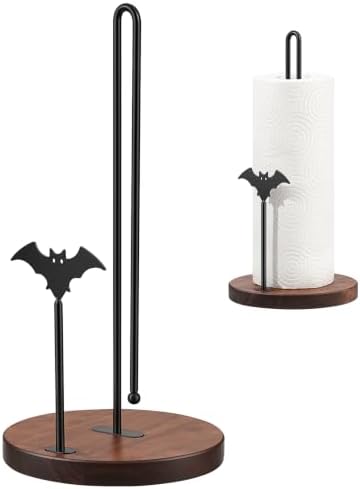 Wooden Paper Towel Holder Countertop, Gothic Iron Bat Decor Solid Wood Base by TOCEMEI