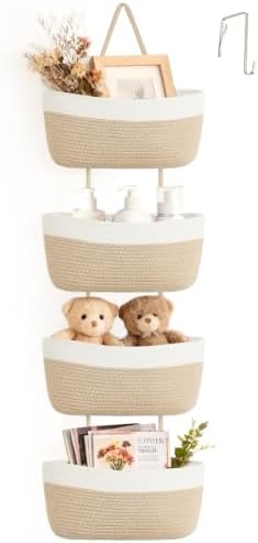 Over The Door Hanging Basket Storage 4-Tier Woven Wall Basket, Jute & White by Dahey