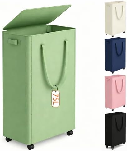 Slim Laundry Hamper with Wheels, 20 Gal Rolling Laundry Basket with lid and by Vincona