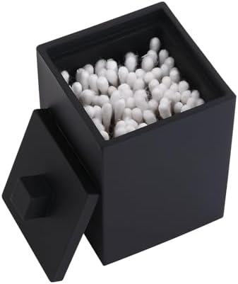 Square Cotton Swab Holder with Lid, Matte Black Qtip Holder Bathroom by Rzoeox