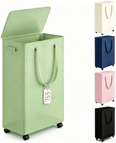 Slim Laundry Hamper with Wheels, 15 Gal Rolling Laundry Basket with lid and by Vincona