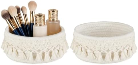 Mkono Macrame Makeup Brush Holder, Boho Mini Storage Basket Set of 2 Ivory by Mkono