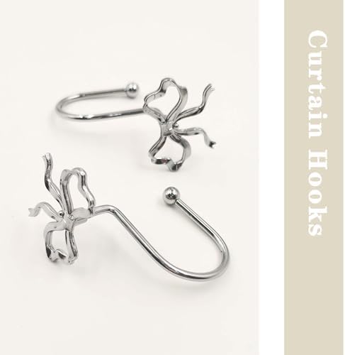 Silver Bow Shower Curtain Hooks, 12 Pack Coquette Bathroom Decor, Decorative - Image 3