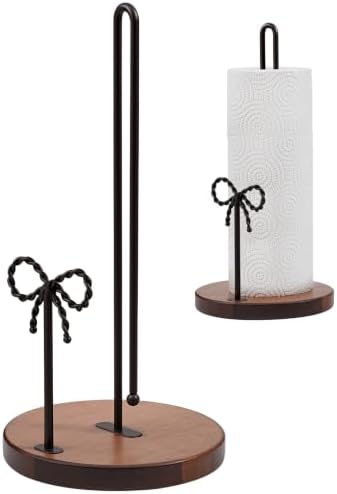 Wooden Paper Towel Holder Countertop, Hand‑Twisted Iron Bow Decor by TOCEMEI