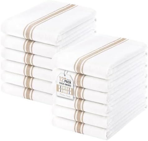 Homaxy 100% Ring Spun Cotton Kitchen Towels 12 Pack, Khaki Stripe by Homaxy