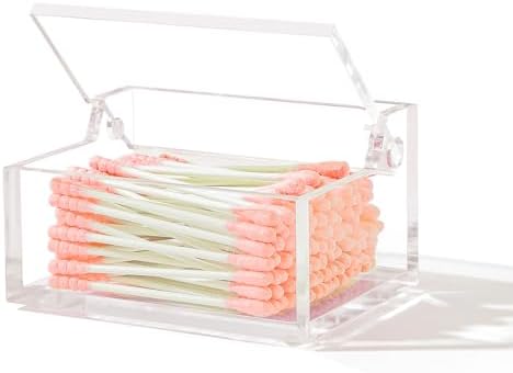 Clear Acrylic Qtip Holder with Lid, Cotton Balls Swab Organizer, 3.9" x 2.8" x by Dealpoli