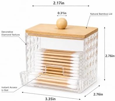 Cotton Swab Holder with Bamboo Lid, Diamond Cut Swab Dispenser - Image 3