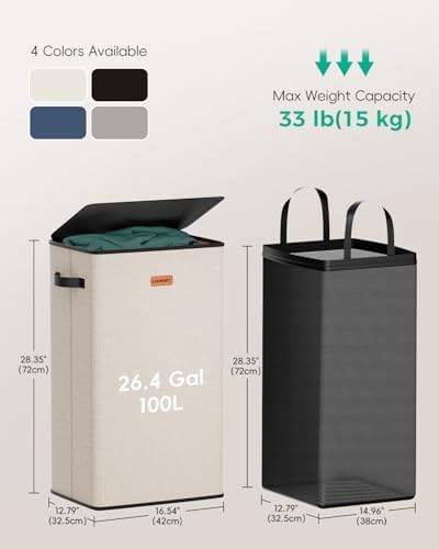 100L Laundry Hamper with Lid, Odor-Controlling Hamper with Handles, Collapsible - Image 6