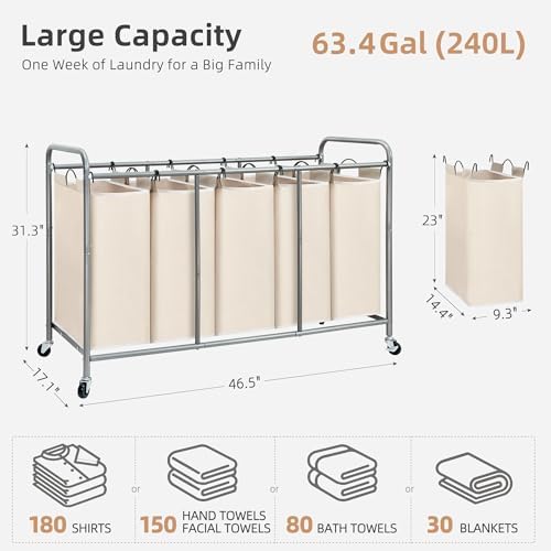 STORAGE MANIAC 5 Section Laundry Sorter, 5 Bins Rolling Separator Laundry Basket - Image 4