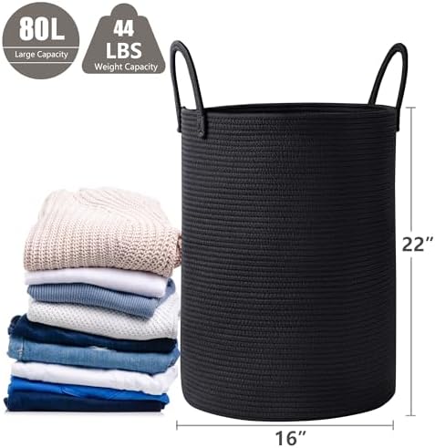 80L Large Black Laundry Basket Tall Woven Hamper - Image 3