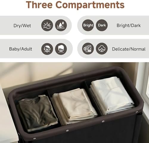StorageWorks 3 Section Laundry Hamper, 120L Black Sorter Cart - Image 3
