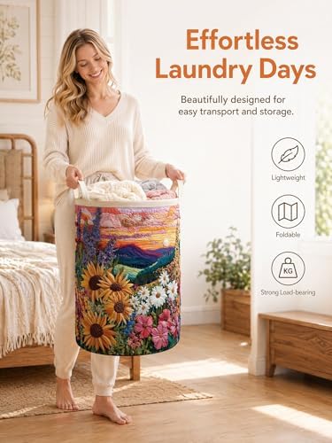 Quilted Laundry Basket with Handles, Boho Floral Quilted Storage Hamper - Image 6