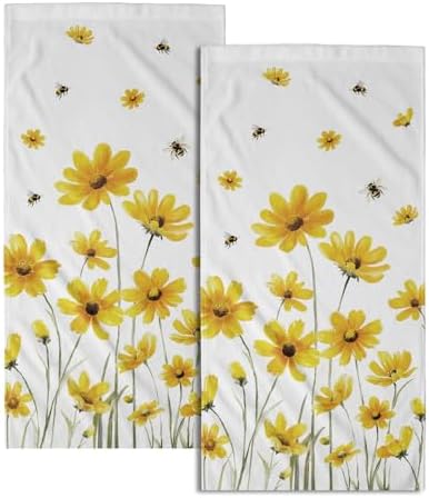 Yellow Wildflower Hand Towels Set of 2 Soft Absorbent Spring Summer Watercolor by Granbey