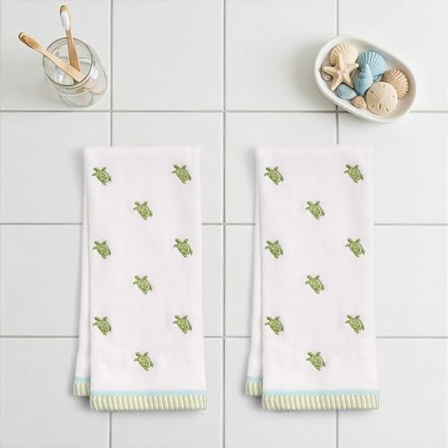 Ritz 2-Piece Cotton Velour Bathroom Hand Towel Set, Embroidered Sea Turtle - Image 3