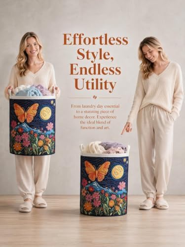 Quilted Laundry Basket with Handles, Boho Floral Quilted Storage Hamper - Image 3