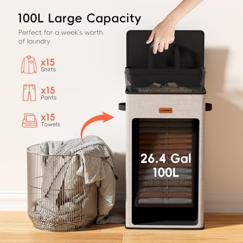 100L Laundry Hamper with Lid, Large Clothes Hampers with Removable Bag - Image 3