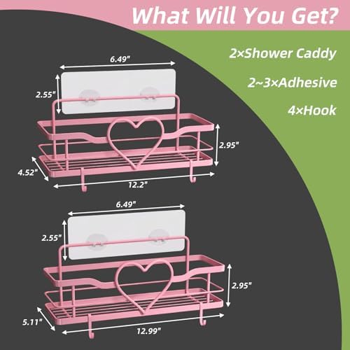 Pink Shower Caddy with 4 Removable Hooks, 2 Pack Sweet Heart Shower Shelves - Image 6