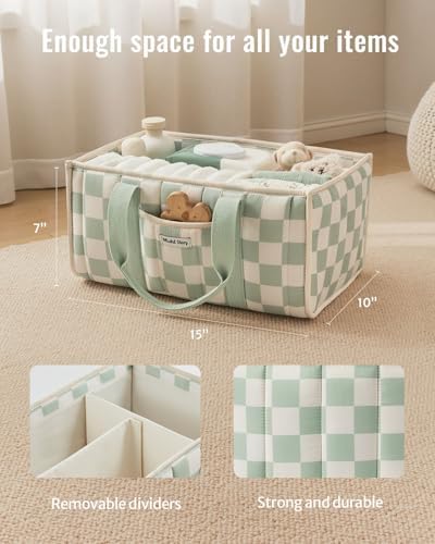 Blissful Diary Checkered Diaper Caddy Organizer, Storage Basket, Sage Green - Image 3