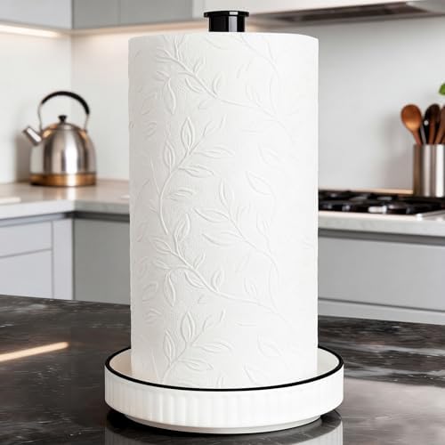 Paper Towel Holder, Ceramic Heavy Plate Base Wobble-Free, Roll Stand-Wh-bk by VROOMIUM-BETTERDESIGN