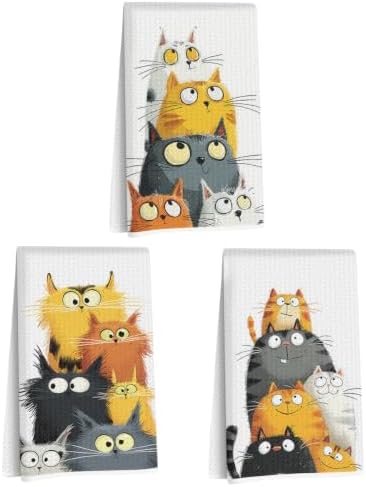3 Pcs Cute Cat Kitchen Towels, Funny Cats Gifts Absorbent Hand Towels-05 by Jztco