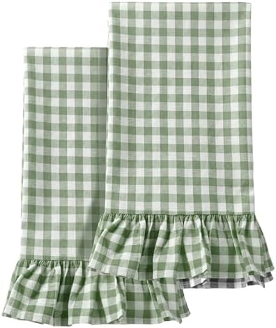 HunnmingRe 2 Pcs Green Gingham Kitchen Towels Cotton Ruffled by HunnmingRe