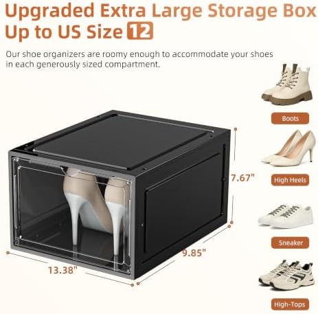 KEFA XL Shoe Storage Box Organizer, 12 Pack Shoe Boxes Clear Plastic Stackable - Image 6