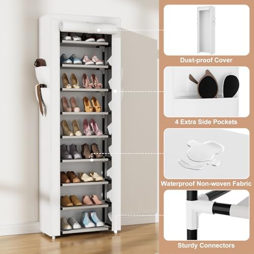 VILICK Shoe Rack with Cover Narrow Shoe Rack Organizer with 4 Side Pockets 10 - Image 4