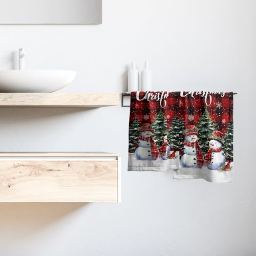 Xmas Snowman Small Bathroom Towels Set Merry Christma Black Red Buffalo Plaid - Image 6