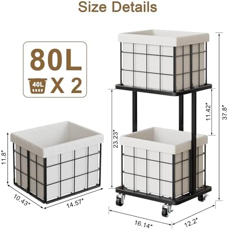 80L Vertical Laundry Sorter, 2 Tier Metal Rolling Laundry Basket - Image 3