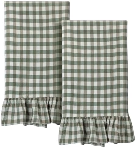 HunnmingRe 2 Pcs Sage Green Gingham Kitchen Towels Cotton Ruffled by HunnmingRe