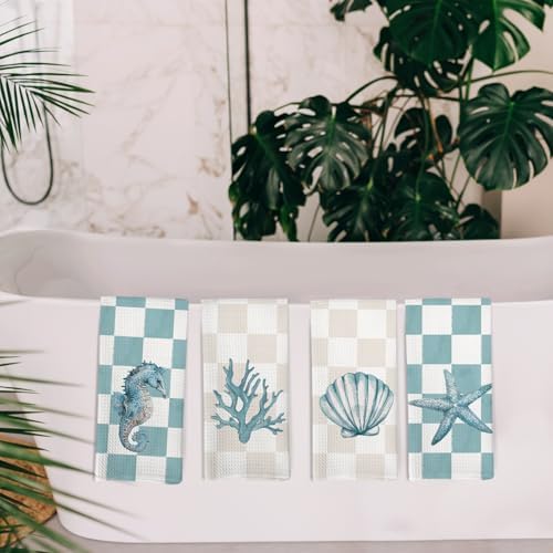 Coastal Beach Kitchen Towels and Dishcloths Set of 4, Preppy Beachy Seahorse - Image 5