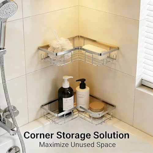 Shower Caddy 2 Pack, Stainless Steel No Drilling Adhesive Bathroom Organizer - Image 6