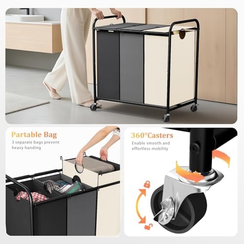 180L Laundry Sorter 3 Section, Rolling Laundry Basket - Image 3